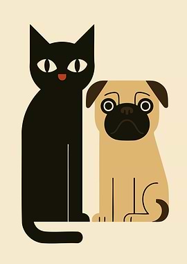 Minimalist Black Cat and Pug Abstract Art Illustration Funny