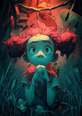 Worried Cartoon Girl in Jungle