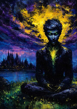 Meditating Figure with Cityscape Painting