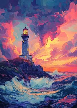 Lighthouse at Sunset Painting