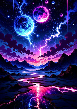 Electric Landscape with Planets and Lightning