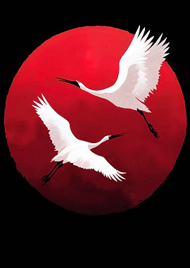 Cranes Flying Against Red Sun