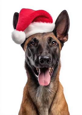 Belgian Malinois Dog with Santa Hat Portrait