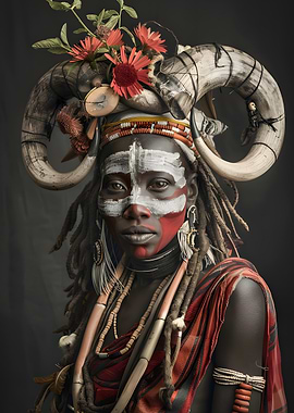 African Tribal Woman Portrait with Horns