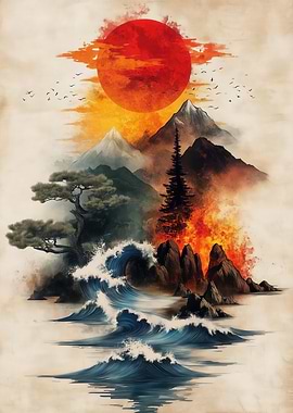 Japanese Landscape with Sun, Mountains, and Waves