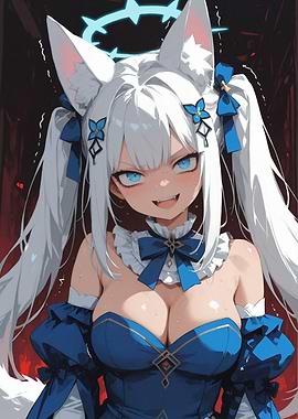 White-Haired Anime Fox Girl with Blue Eyes and Halo