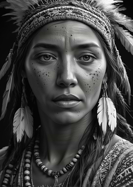 Native American Woman Portrait in Black and White