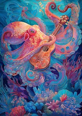 Octopus playing guitar in ocean art