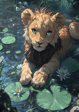 Lion cub in a pond