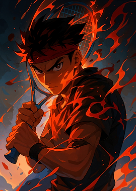 Anime Tennis Player with Fiery Aura