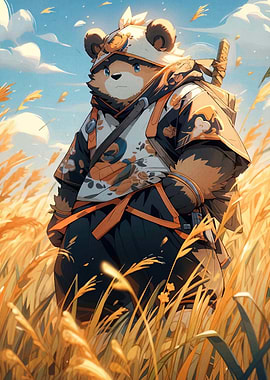 Samurai Bear in Wheat Field