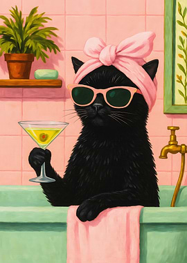 Relaxing Cat with Martini in Bathtub