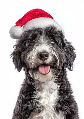 Portuguese Water Dog with Santa Hat Portrait