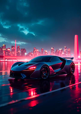 Futuristic Car in Red Neon Cityscape