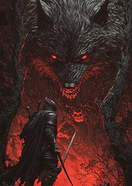 Knight Facing Giant Wolf
