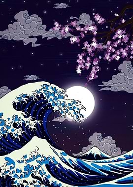 Great Wave Cherry Blossom Night