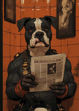 Anthropomorphic Dog Reading Newspaper in Bathroom
