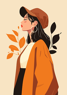 Autumn Fall Woman Fashion Portrait Minimalist Art Illustration