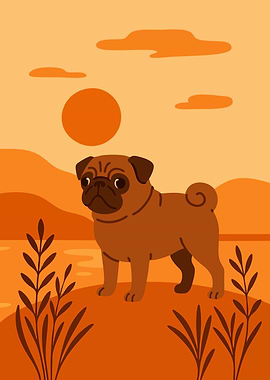 Pug in Autumn Sunset Lake Hill Funny Cute Minimalist Art Illustration