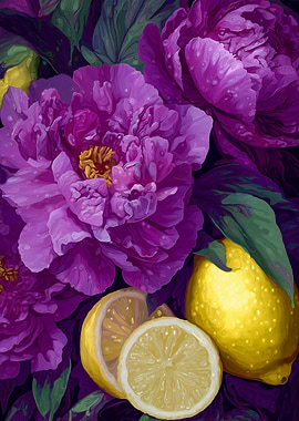 Purple Peonies and Lemons Still Life