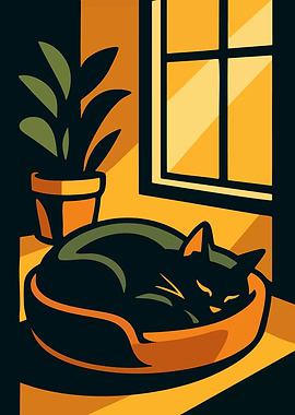 Sleeping Black Cat by the Window Neo-noir Minimalist Art illustration
