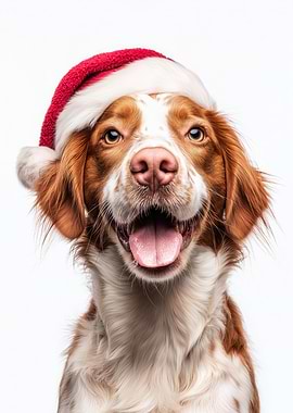 Brittany Dog with Santa Hat