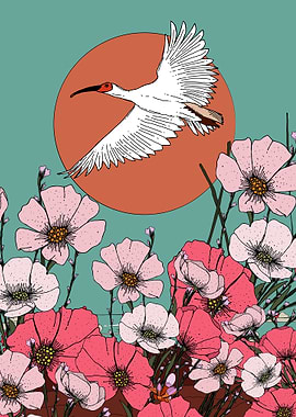 Crane and Flowers Illustration