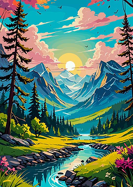 Mountain Landscape with River and Trees