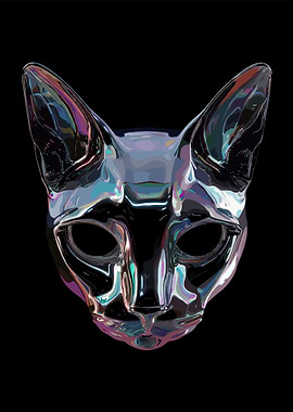 Iridescent Cat Mask on Black Background