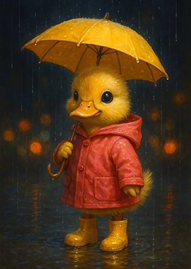 Duckling in Raincoat with Umbrella