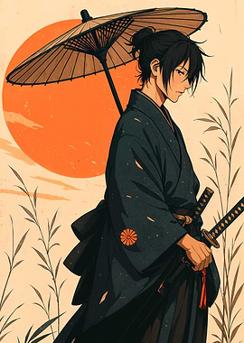 Anime Samurai with Umbrella and Sword