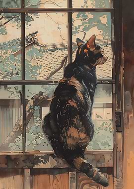 Cat Looking Out Window Watercolor Painting