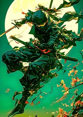 Ninja Warrior with Swords under Moonlight