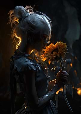 Woman with Sunflower in Dark Setting