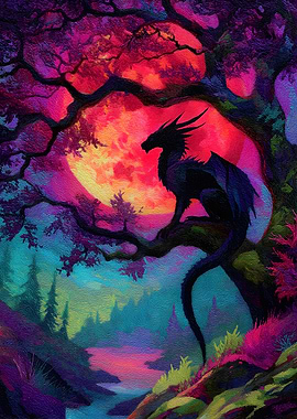 Dragon Perched Under a Colorful Moon
