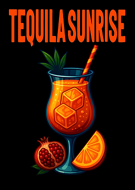 Tequila Sunrise Cocktail Art Print – Vibrant Tequila Drink Recipe Wall Decor for Bar, Kitchen, or Lounge