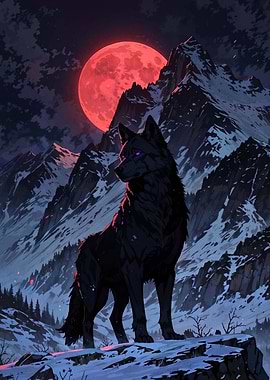 Black Wolf Under Red Moon