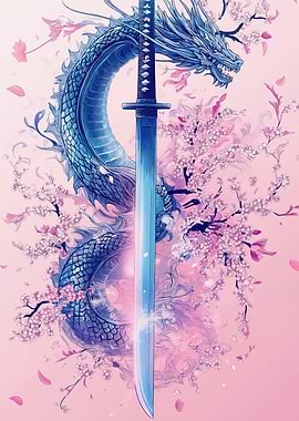 Dragon, Katana, and Cherry Blossoms Art