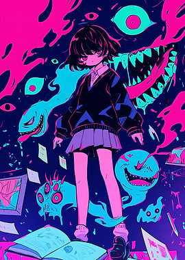 Anime Girl Surrounded by Monsters