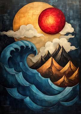 Great Wave, Sun, and Mountains