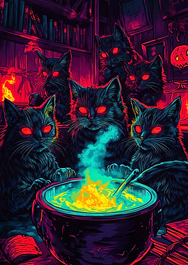Witches' Cats Brewing Potion