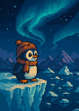 Pixel Art Arctic Penguin with Northern Lights