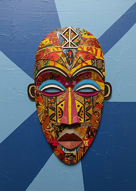 Colorful African Mask on Blue Background