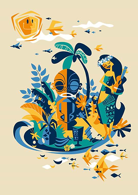 Tropical Island Illustration with Tiki and Woman