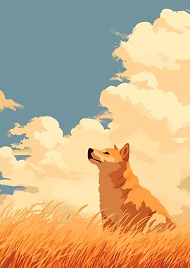 Peaceful Serene Country Shiba Inu Dog Minimalist Art Illustration