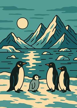 Penguin Family in Antarctic Landscape Vintage Minimalist Art Illustration
