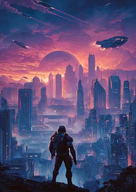 Futuristic Cityscape with Armored Figure