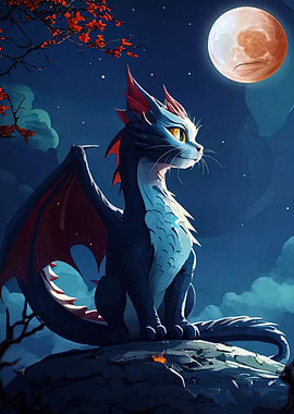 Dragon-Cat Hybrid Under Moonlight