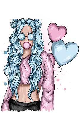 Girl with Bubblegum and Heart Balloons