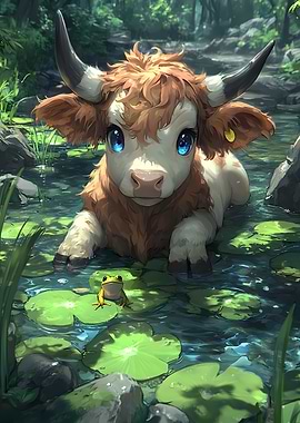 Cow and Frog in Lily Pond